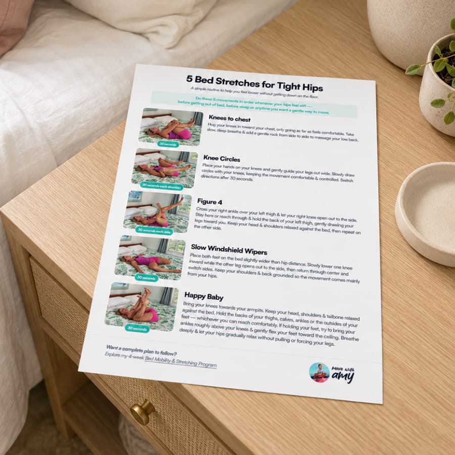 Free printable: 5 Bed Stretches for Tight Hips by Move with Amy