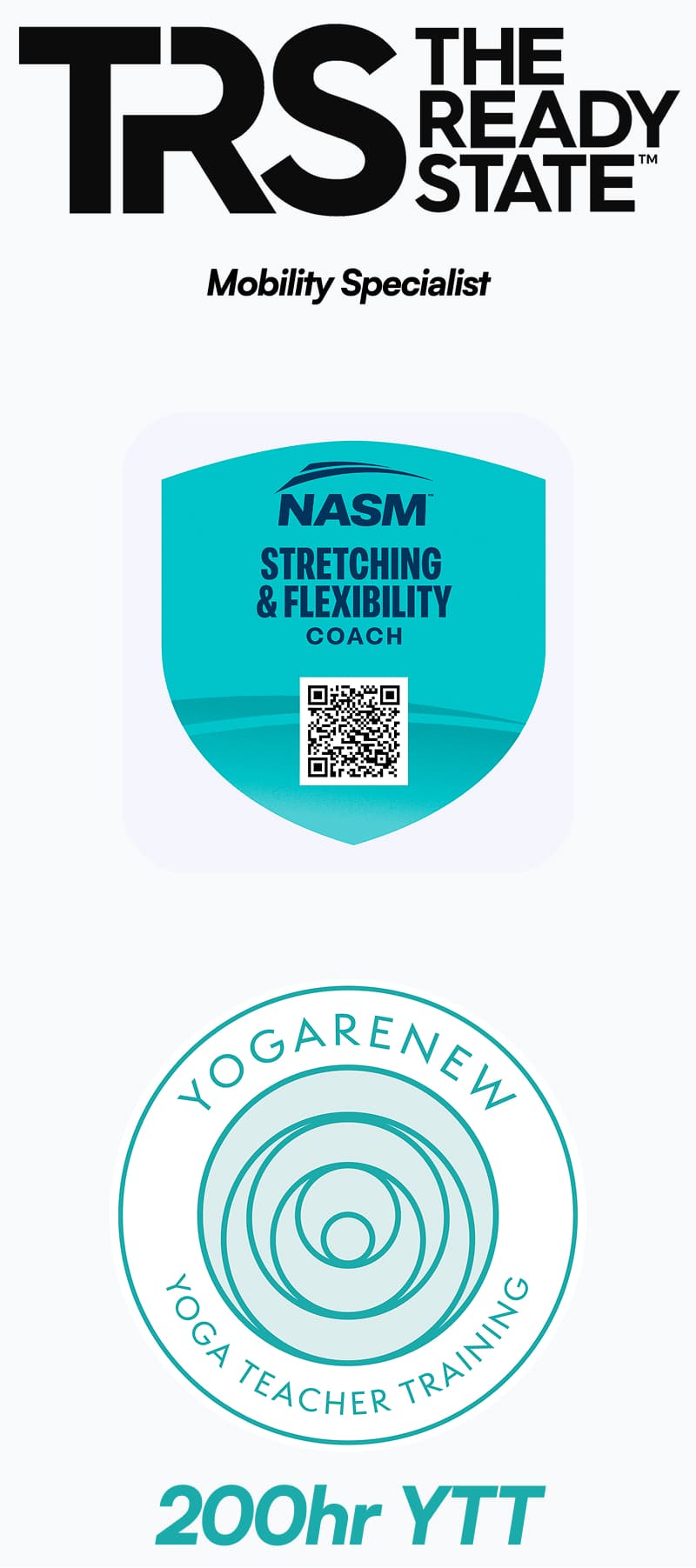 Amy Dot's certifications: The Ready State Mobility Specialist, NASM Stretching & Flexibility Coach, and YogaRenew 200hr YTT