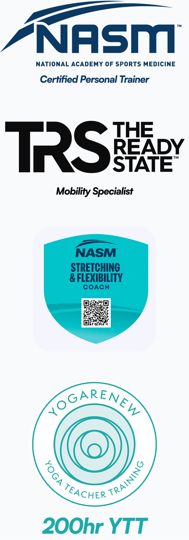 Amy Dot's certifications: The Ready State Mobility Specialist, NASM Stretching & Flexibility Coach, and YogaRenew 200hr YTT